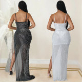 Hot diamond sexy sling mesh perspective irregular slit long skirt dress