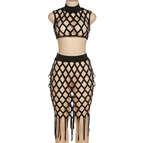 Sexy Hollow Sleeveless Vest High Waist Bag Hip Fringe Short Skirt Suit