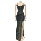 Hot diamond sexy sling mesh perspective irregular slit long skirt dress