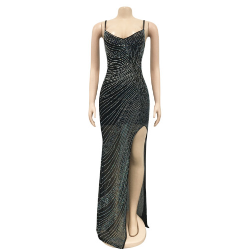 Hot diamond sexy sling mesh perspective irregular slit long skirt dress
