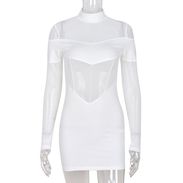 Mesh Perspective Pullover Sexy Long Sleeve Stand Collar Short Skirt