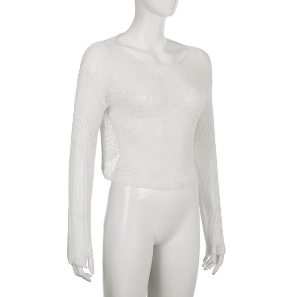 Street sexy small fresh woolen hollow sunscreen blouse hot girl exposed navel thin all-match top