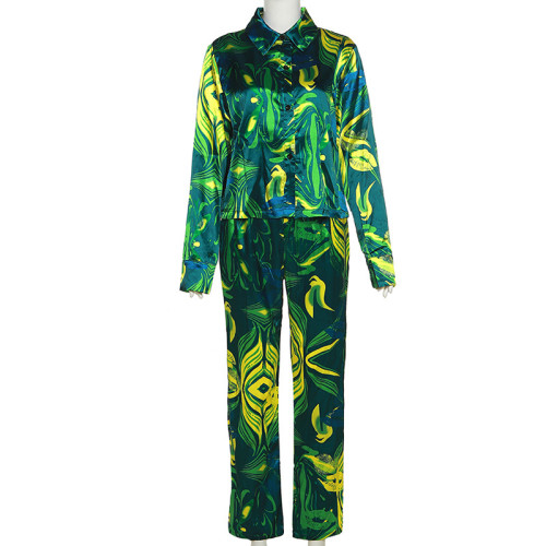 Printed Single-Breasted Lapel Loose Top Covered Hip Straight Trousers Set