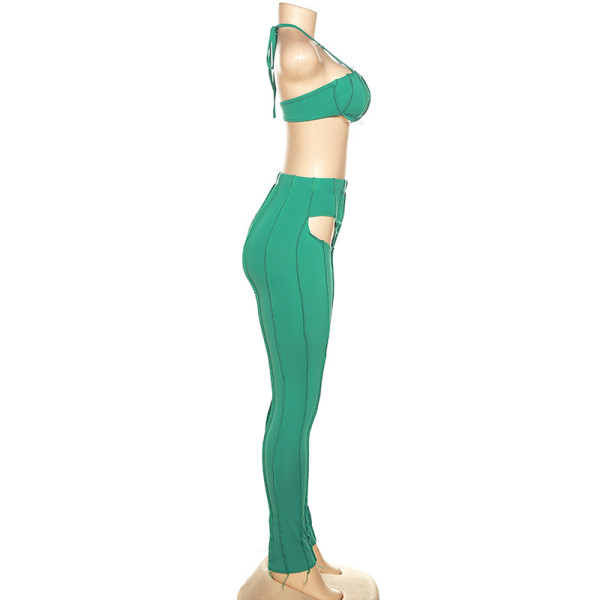 New sexy pleated top hollow high waist tight trousers casual suit women