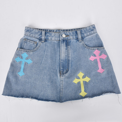 New Fashion Denim Fringe Cross Embroidery Skirt