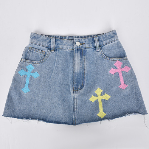 New Fashion Denim Fringe Cross Embroidery Skirt