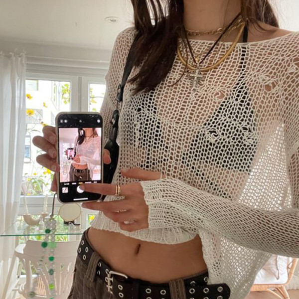 Street sexy small fresh woolen hollow sunscreen blouse hot girl exposed navel thin all-match top