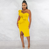 Fashion Casual Ruffle Slit One Shoulder Sleeve Dress Women