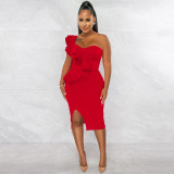 Fashion Casual Ruffle Slit One Shoulder Sleeve Dress Women