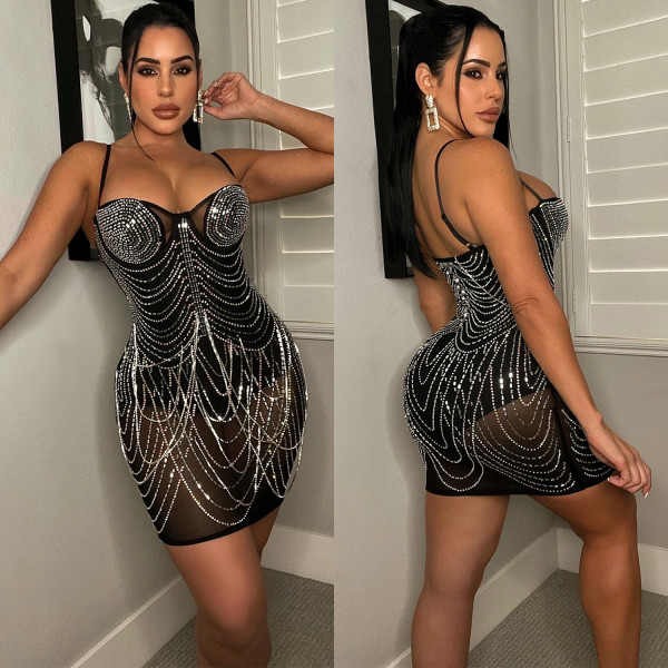Sexy nightclub hot drill see-through suspender dress women's