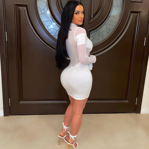 Mesh Perspective Pullover Sexy Long Sleeve Stand Collar Short Skirt