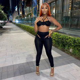 New sexy pleated top hollow high waist tight trousers casual suit women