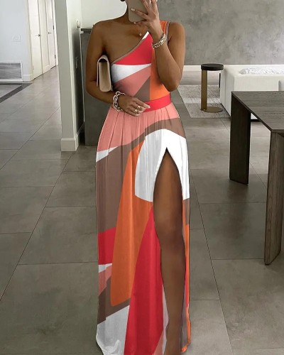 Women's High Waist Sexy Printed Slit One Shoulder Dresses Dresses OYM5858