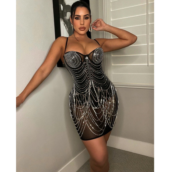 Sexy nightclub hot drill see-through suspender dress women's