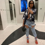 Women's Sexy Print Single Breasted Lapel Loose Long Top