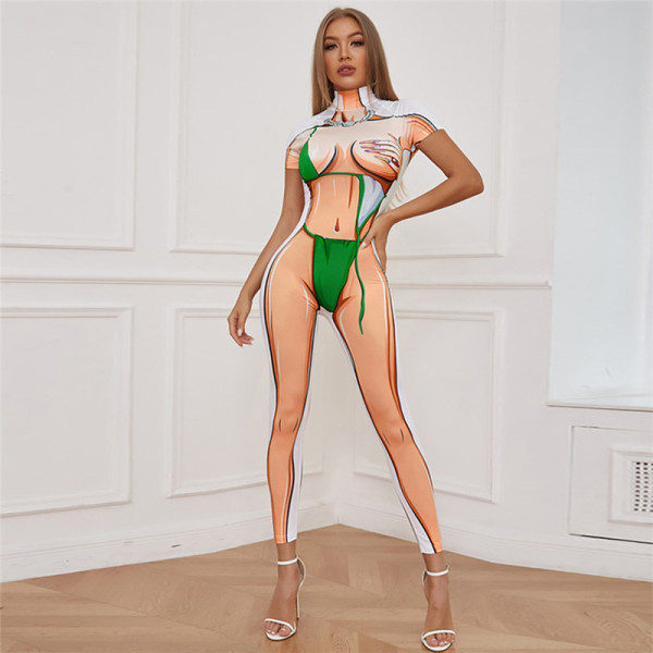 Women's Fashion Colorblock Print Skinny Sports Jumpsuit