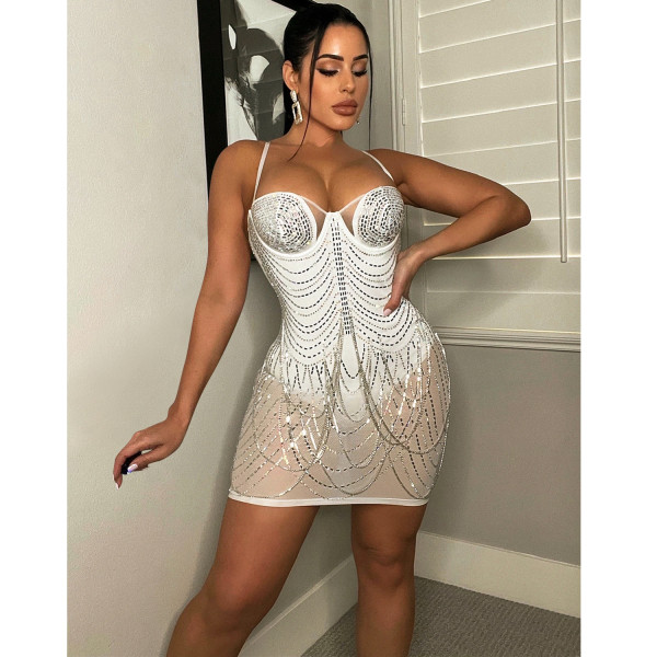 Sexy nightclub hot drill see-through suspender dress women's