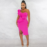 Fashion Casual Ruffle Slit One Shoulder Sleeve Dress Women