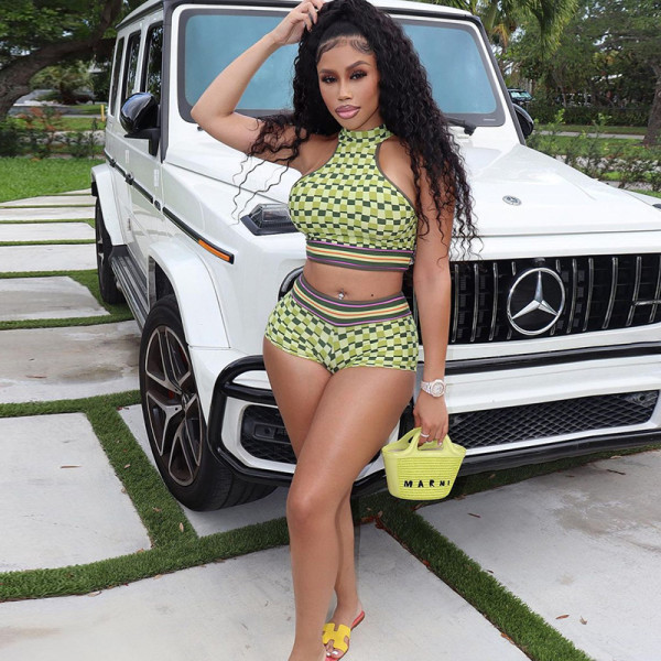 Women's Printed Sleeveless Navel-neck Round Neck Body Wrap Hip Show Thin Shorts Set
