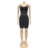 Party Solid Color Hot Diamond Sexy Sling Wrap Breast Mid Skirt Dress