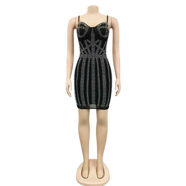 Party Solid Color Hot Diamond Sexy Sling Wrap Breast Mid Skirt Dress