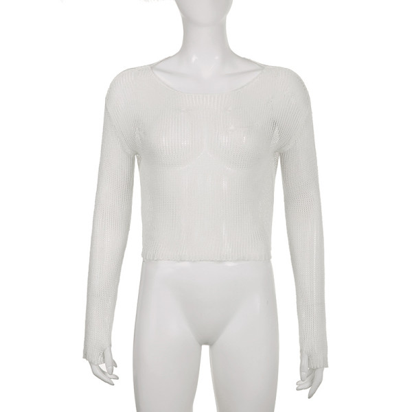 Street sexy small fresh woolen hollow sunscreen blouse hot girl exposed navel thin all-match top