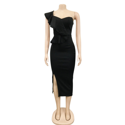 Fashion Casual Ruffle Slit One Shoulder Sleeve Dress Women