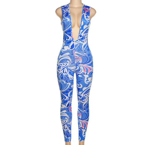 Fashion Print Sleeveless Low Cut High Waist Bodysuit Women