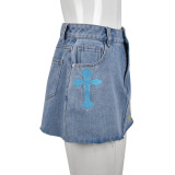 New Fashion Denim Fringe Cross Embroidery Skirt