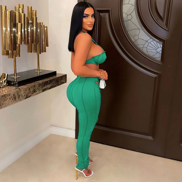 New sexy pleated top hollow high waist tight trousers casual suit women
