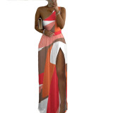 Women's High Waist Sexy Printed Slit One Shoulder Dresses Dresses OYM5858
