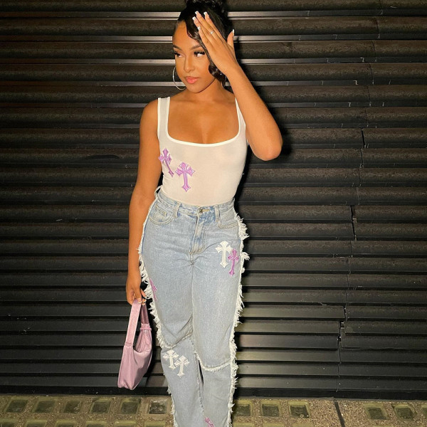 Skinny Sexy Cutout U-Neck Embroidered Women's Bodysuit