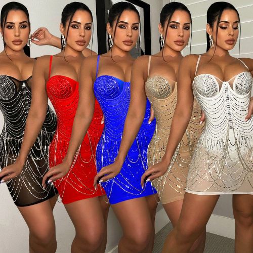 Sexy nightclub hot drill see-through suspender dress women's
