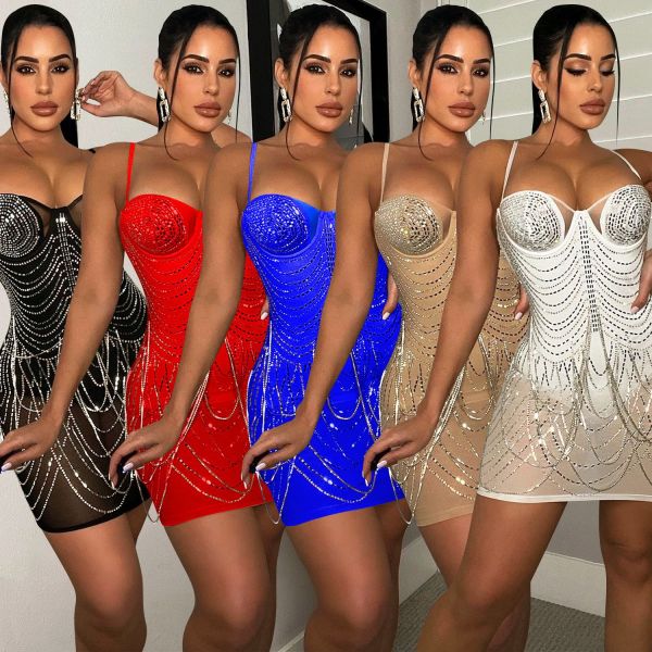 Sexy nightclub hot drill see-through suspender dress women's