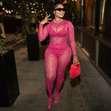 New Sexy Mesh Perspective Printed Long Sleeve Top High Waist Pants Suit Women