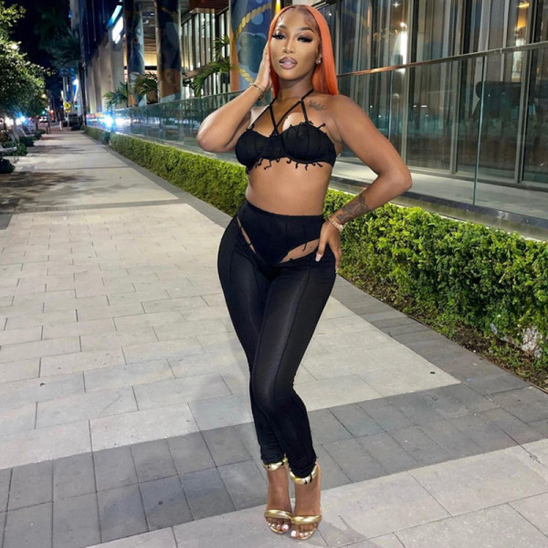 New sexy pleated top hollow high waist tight trousers casual suit women