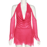 Sexy halter neck low-cut solid color off-the-shoulder sleeve irregular hip dress
