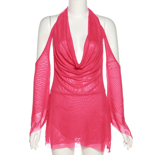 Sexy halter neck low-cut solid color off-the-shoulder sleeve irregular hip dress