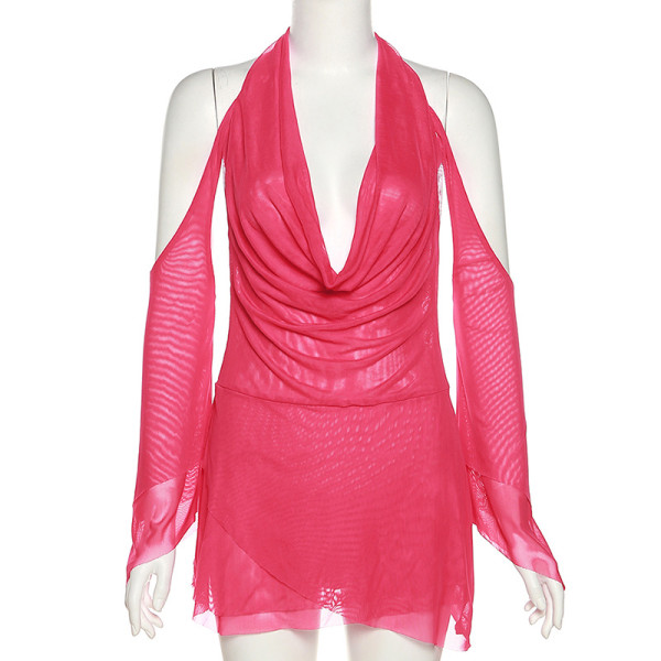 Sexy halter neck low-cut solid color off-the-shoulder sleeve irregular hip dress