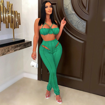 New sexy pleated top hollow high waist tight trousers casual suit women