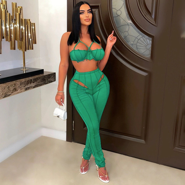 New sexy pleated top hollow high waist tight trousers casual suit women