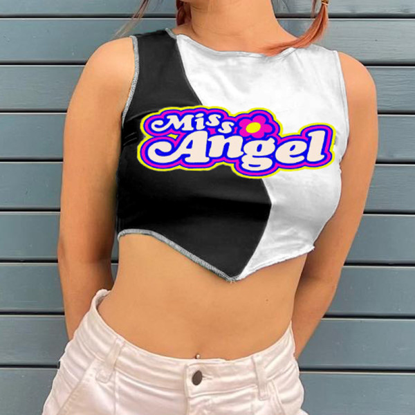 Alphabet print stitching bottoming top asymmetrical hem crewneck sleeveless crop top