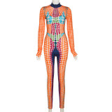 Fashion Print Long Sleeve Crew Neck High Waist Bodysuit