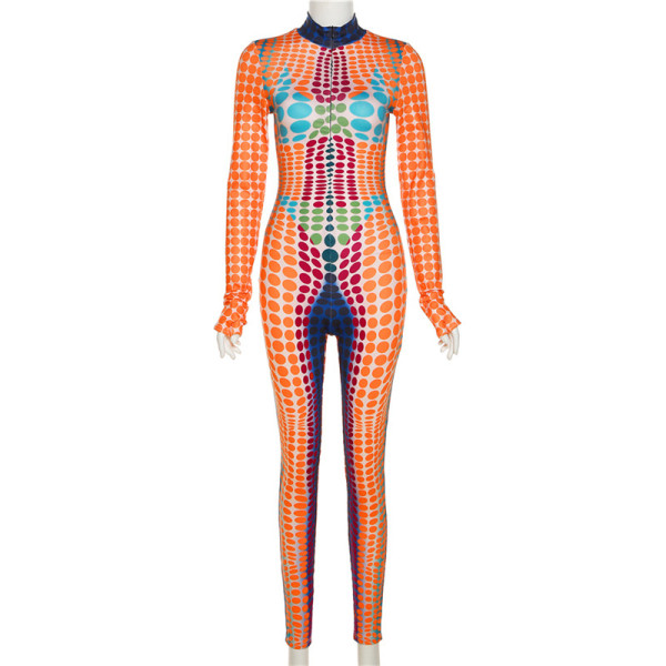 Fashion Print Long Sleeve Crew Neck High Waist Bodysuit