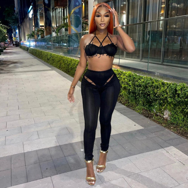 New sexy pleated top hollow high waist tight trousers casual suit women