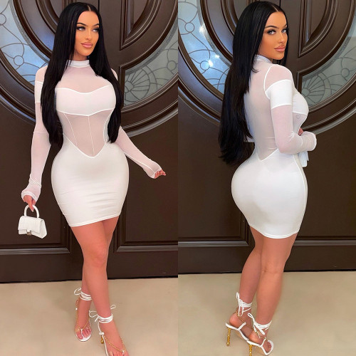 Mesh Perspective Pullover Sexy Long Sleeve Stand Collar Short Skirt