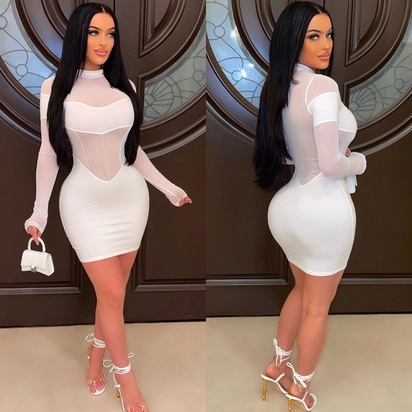 Mesh Perspective Pullover Sexy Long Sleeve Stand Collar Short Skirt