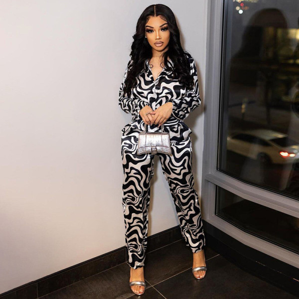 Printed Single-Breasted Lapel Loose Top Covered Hip Straight Trousers Set