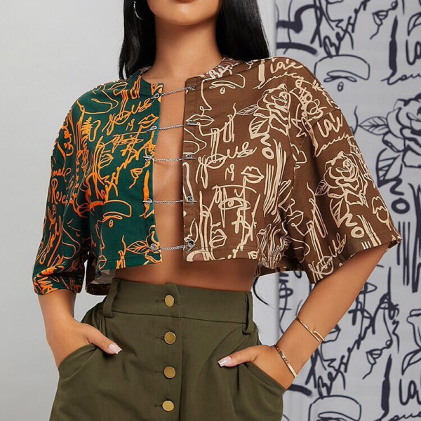Women's fashion stitching contrast color element printing sexy navel street shooting cardigan top