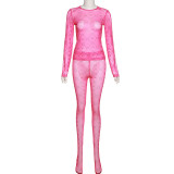 New Sexy Mesh Perspective Printed Long Sleeve Top High Waist Pants Suit Women